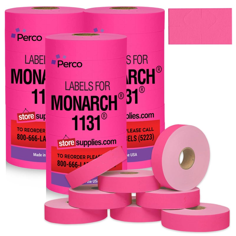 Perco Fluorescent Pink Pricing Labels for Monarch 1131 Price Gun â€“ 3 Sleeves, 24 Rolls Value Pack - 60,000 Price Marking Labels â€“ with Ink Rolls Included - Image 1